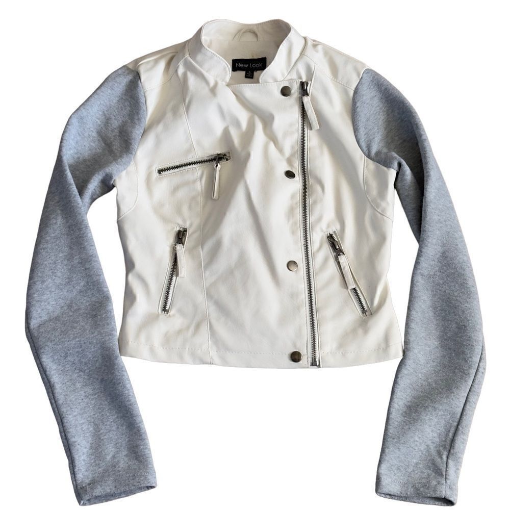 New Look Faux Leather White Crop Moto Jacket Size Small